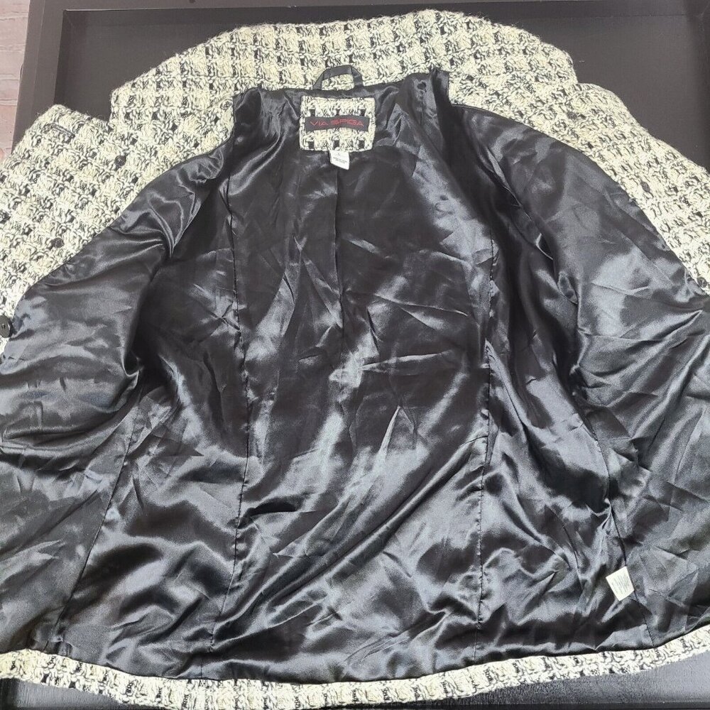 Via Spiga Wool Blend Mid Length Lined Belt Black/Cream Coat Jacket Women's Large - Picture 16 of 16